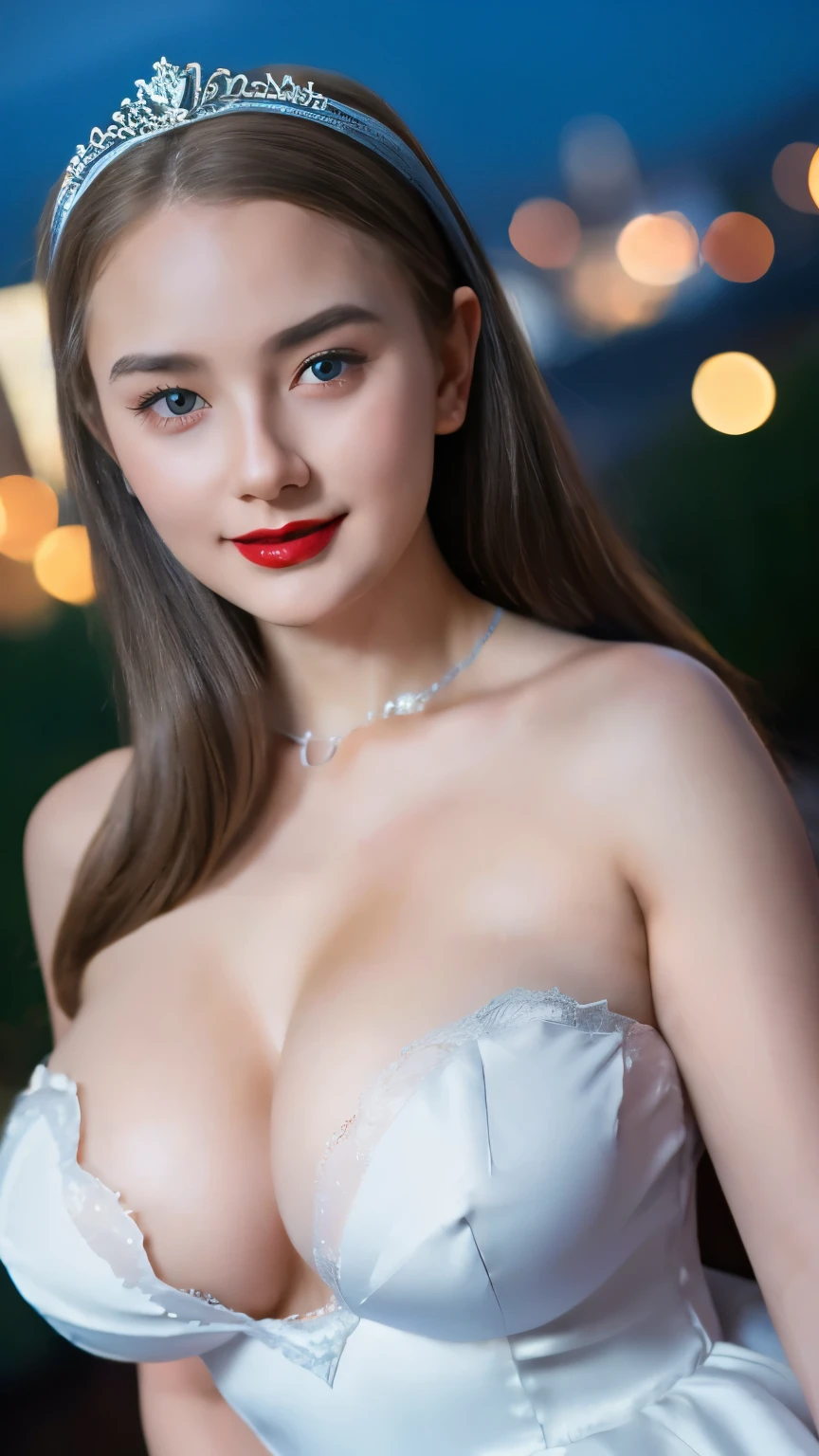 Hyper realistic, Beautiful, cute Face, russian lolita Girl,e eyes, red lipstick, sensual Lipstick, (nude), Detailed Strapless white Gothic Dress, tiara, cleavage cutout, Rounded Breast,slightly Chubby , luxury necklace, White Skin, Smiling, Dark City Background, mid shot, upper body, Perfect Potrait, Bokeh Effect, Look at Viewer, Armpit, Perfect Eye, Perfect Hand, Perfect Finger, Bracelet, Ring, (breastssize:1.2), ((adorable:1.2)), ((masterpiece:1.1)), ((bokeh:1.2)),