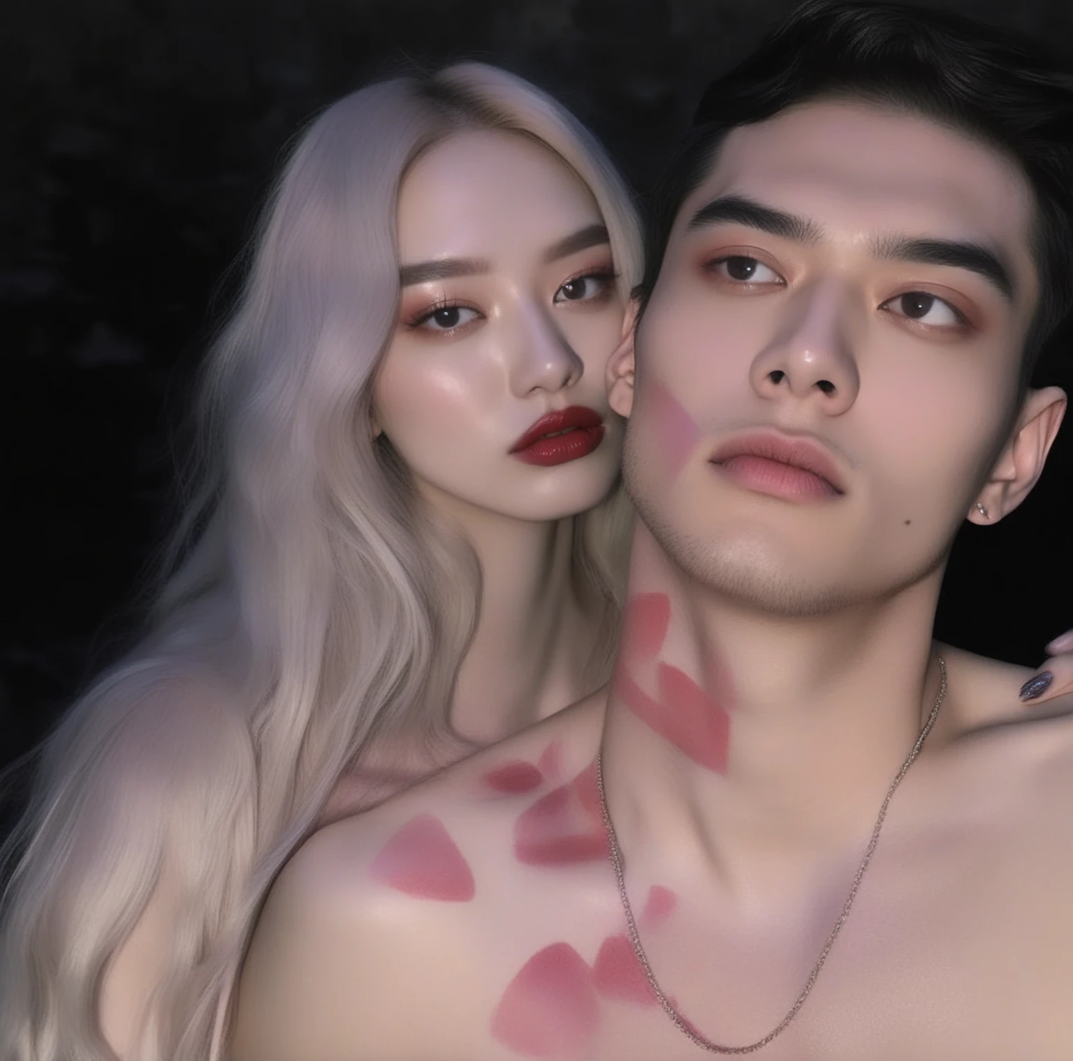 gguk man from BTS and woman with Irene face from red velvet asians with red lipstick on their face, Ava Max, inspired by Elsa Bleda, they both have red lips, In the style of Petra Collins, un non-binary model épico, ariana brand, non-binary model, charli bowater y artgeem, Petra Collins y MC. Escher, thick red lips, Steven Klein, zac retz