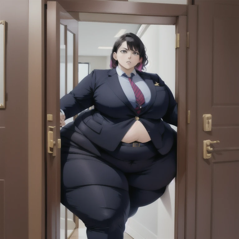 masterpiece, 1girl behind a doorway, from front, (doorstuck, stuckfront:1.3), huge hips, round belly, thick thighs, colorful clothing, wearing suit and tie and formal pants, upset
