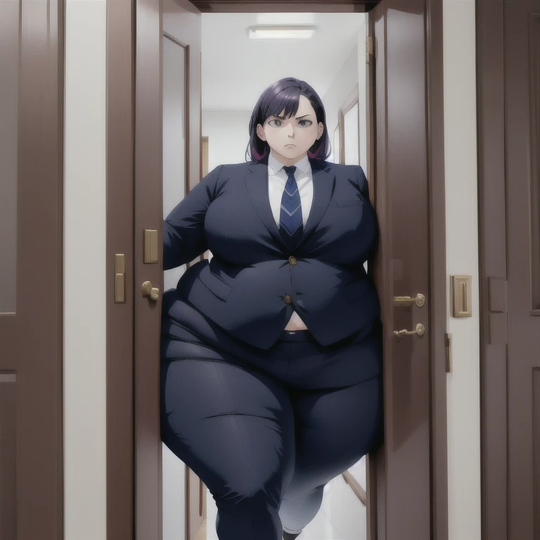 masterpiece, 1girl behind a doorway, from front, (doorstuck, stuckfront:1.3), huge hips, round belly, thick thighs, colorful clothing, wearing suit and tie and formal pants, upset