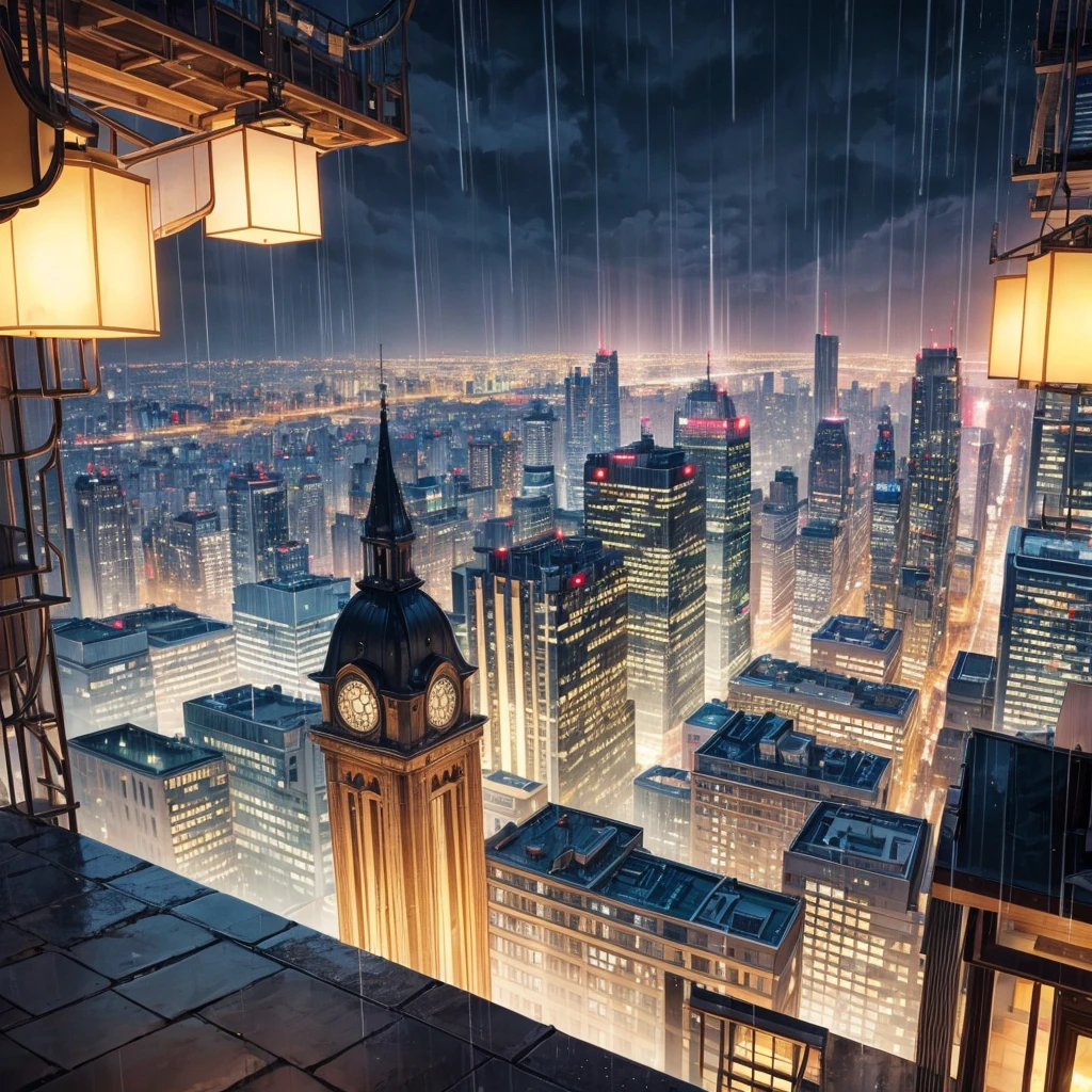 Generate an image of the most beautiful cityscape that you can, make it look very beautiful, make it more detailed and beautiful, add the best lighting that you can, make it very beautiful and well lit, make it a bit rainy and beautiful lighting, make it very rainy and make the image of streets 