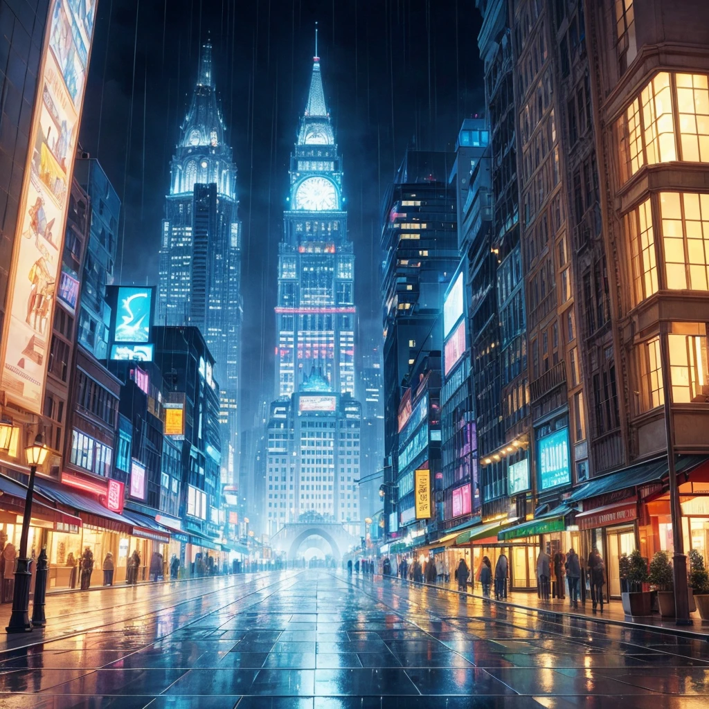 Generate an image of the most beautiful cityscape that you can, make it look very beautiful, make it more detailed and beautiful, add the best lighting that you can, make it very beautiful and well lit, make it a bit rainy and beautiful lighting, make it very rainy and make the image of streets