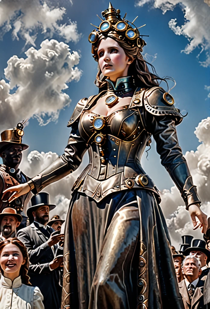 Woman statue, super giant, worshiping crowds, scriptures shine in the sky, in steampunk style, super fine, 8K, masterful mechanical rendering works, OC renderer, (ultra photo realism), skswoman