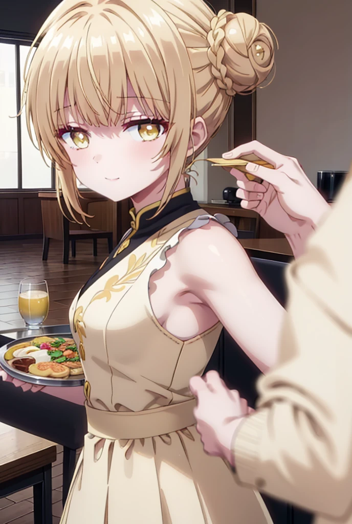 mahirushiina, Mahiru Shiina, bangs, Blonde, Brown Hair, (Yellow Eyes:1.3), Hair Bun, double  Hair Bun,happy smile, smile, Open your mouth,Sleeveless china clothing,Long slit,Stiletto heels, Tables and chairs, Tray Ramen,トレイ in one hand,whole bodyがイラストに入るように,
break outdoors,中国風レストラン
break looking at viewer,whole body,
break (masterpiece:1.2), Highest quality, High resolution, unity 8k wallpaper, (shape:0.8), (Fine and beautiful eyes:1.6), Highly detailed face, Perfect lighting, Highly detailed CG, (Perfect hands, Perfect Anatomy),