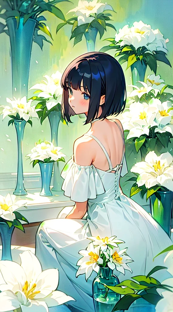 A girl with short shoulder-length hair and wearing a white dress is sitting with her back to arranging different types of flowers in several vases. make it like a watercolor painting