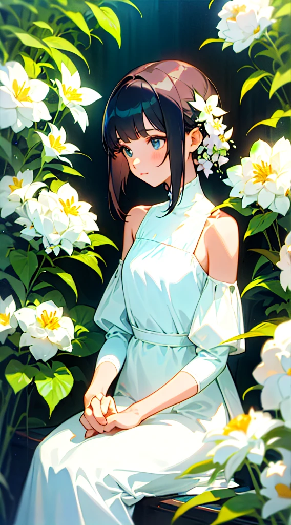 A girl with short shoulder-length hair and wearing a white dress is sitting with her back to arranging different types of flowers in several vases. make it like a watercolor painting