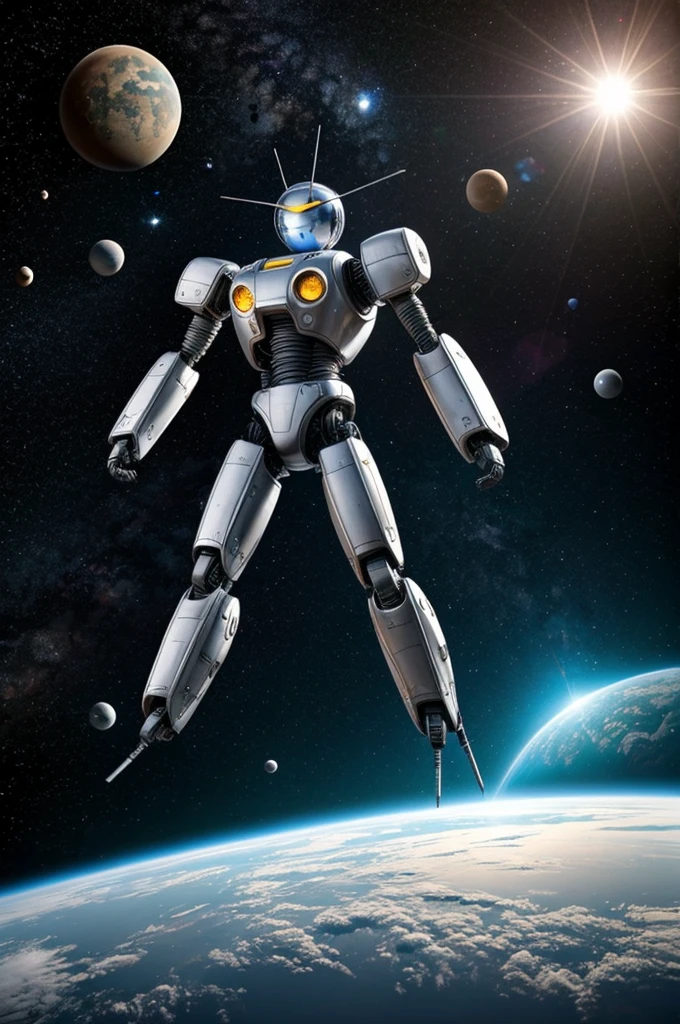 A large silver wire robot stands over the planets atmosphere 