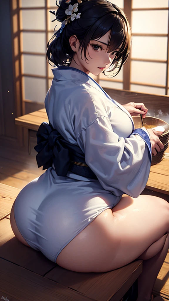 masterpiece, high quality, 4K, Beautiful design, silhouette，bionde， Very detailed，japanese house， wonderful, Finer details,  Very knowledgeable woman, Very detailedなソロ, 1 female,Big Breasts，Butt，Underwear Line，Yukata in white color，cooking，（Pregnant women），pregnant，Sitting on the toilet，Plump ass，Pregnant woman on toilet，Very high quality drawing，Beautiful ass focus