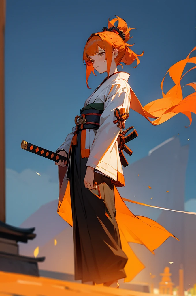 Teen , Female, samurai Clothing, Standing pose, Town background, Orange hair
