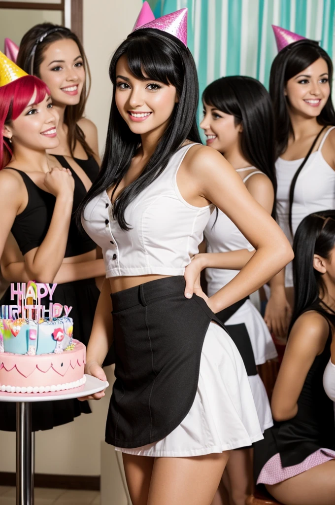 Waitress girl with black hair, 6 inch heels, cute makeup, and a miniskirt, she is at a birthday party with a bunch of teen girls who are laughing at her