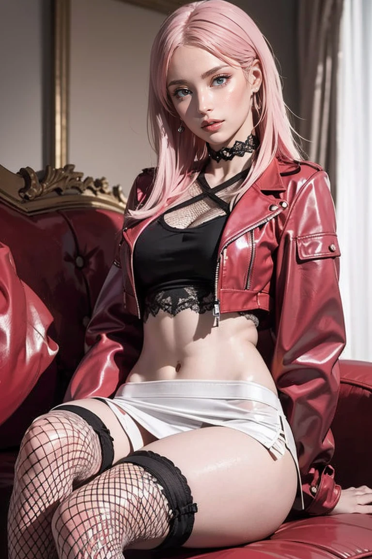 (8K, Highest quality, masterpiece:1,2), (Realistic, Photorealistic:1), Super detailed, One Girl,), (Very detailed), (Beautiful and detailed eyes), (Highest quality), (Very detailed ), (masterpiece), (Detailed face),20-year-old, ,1 Girl, ((Pink Hair,Long Hair)), Medium chest, Dressed, Perfect lighting, (red leather bondage jacket), (black lace bodysuit), (Transparent Plastic Crop Top), (Sheer black lace mini skirt:1), , (Detailed bondage features:, (Red fishnet stockings),(Leather Choker), ((Relax Pose), (NSFW:1.0)