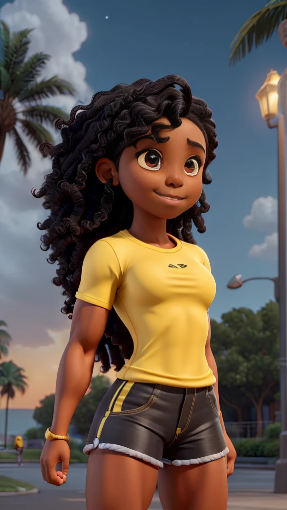 (Muscular young black girl Tinna Keys), huge strong biceps volume, (flat chest), strong tonned exposed abs, muscular strong legs, bodybuilder muscles bursting in strength, exposed abs skin, (wavy long hair), tight yellow tshirt and shorts, night park background, slight smile
