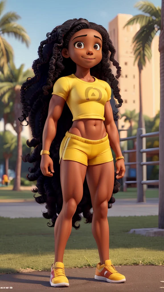(Muscular young black girl Tinna Keys), huge strong biceps volume, (flat chest), strong tonned exposed abs, muscular strong legs, bodybuilder muscles bursting in strength, exposed abs skin, (wavy long hair), tight yellow tshirt and shorts, night park background, slight smile