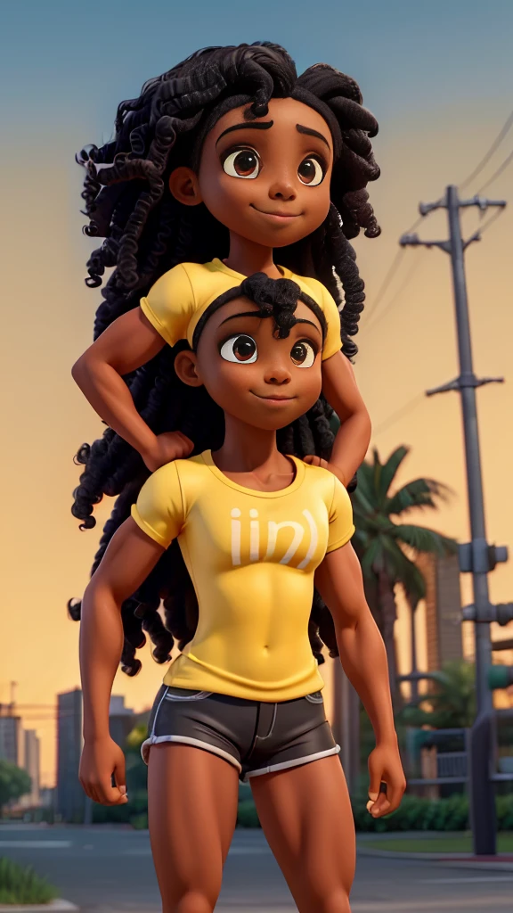 (Muscular young black girl Tinna Keys), huge strong biceps volume, (flat chest), strong tonned exposed abs, muscular strong legs, bodybuilder muscles bursting in strength, exposed abs skin, (wavy long hair), tight yellow tshirt and shorts, night park background, slight smile
