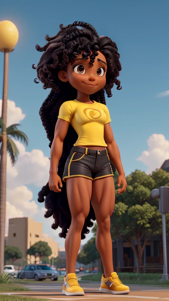 (Muscular young black girl Tinna Keys), huge strong biceps volume, (flat chest), strong tonned exposed abs, muscular strong legs, bodybuilder muscles bursting in strength, exposed abs skin, (wavy long hair), tight yellow tshirt and shorts, night park background, slight smile