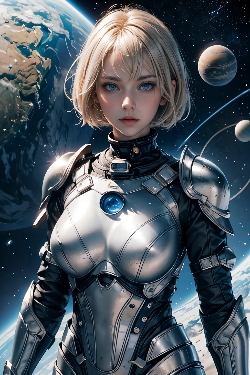 A beautiful woman. cute woman. Blonde, blue-eyed, short hair. Beautiful double eyes. The bridge of my nose. Well-shaped lips. eighteen. She is looking at the camera with a defiant expression. She wears beautiful silver-white armor. Behind her is an image of outer space and a string of planets.