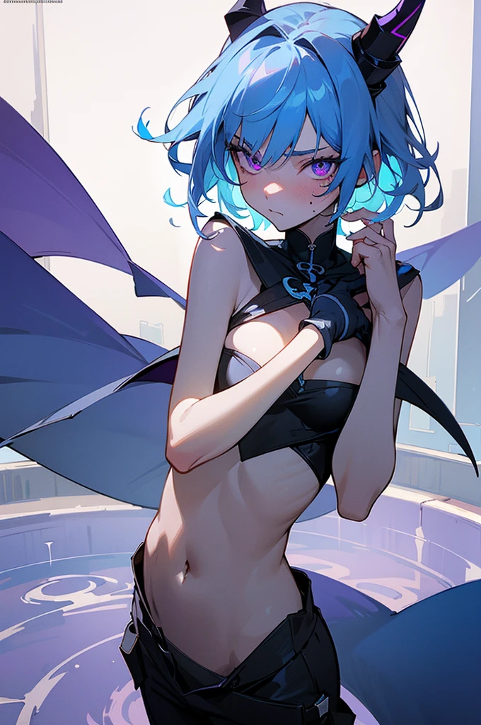 1 girl ,(big Stigmata), non binary, androgynous, School courtyard, (floating hair), ((in courtyard fountain)), character focus, ((black light)),((dark lighting)), cinematic lighting ,(darkness), (concept art), ((lustful face)), blue short straight hair, light blue hair color, dragonoid girl, short, short blue hairy, glowing bluish-purple horns, bluey-purple eye color, (glowing eyes), high resolution,(incredibly absurdres) ,extremely detailed CG unity 8k wallpaper, ((masterpiece)), ((top-quality)), (beautiful illustration), ((an extremely delicate and beautiful)), (masterpiece, Best quality, ultra high resolution), 1 girl, pale skin, Black Crown, purple eyes, Luminous_eyes, neon blue eyes, ultra detailed eyes, Beautiful and detailed face, detailed eyes, (Centered, torso), (wide shot:0.9), facing the viewer, Eye level, flat chested, flat chest, cup size AAA, Wearing black cargo shorts, sharp horns, blue horns on top of head, sexy, sexy pose, blushing
