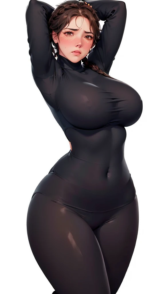 (（（Perfect body,White and tender skin,（（（Black yujiasuit, yoga pants, yoga long sleeves）））,（（（brown eyes, braid, long hair, braided ponytail, single braid, hair over shoulder, bangs, blush, lips）））,((masterpiece)),highres,((Best quality at best)),masterpiece,quality,Best quality,(（（ Exquisite facial features,Looking at the audience,There is light in the eyes,(（（frown，blush）））Kneeling on the ground，From the back，Plump buttocks，）））,（（（Light and shadow,Huge breasts,）））,（（（Looking at the camera,White background)））)