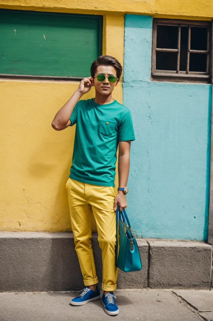 A yellow boy in a blue shirt and green pants, with sunglasses and a bag
