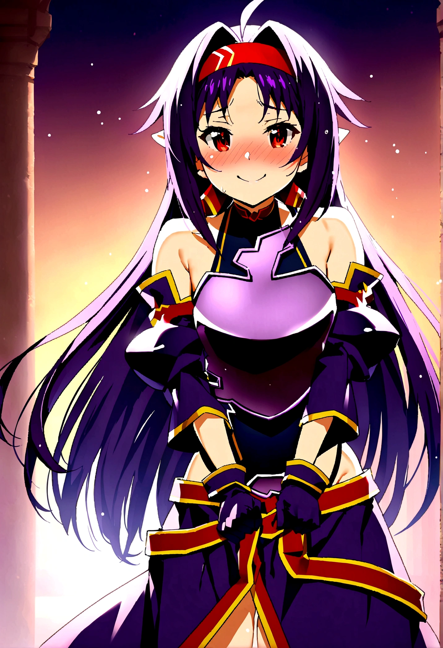 NSFW,masterpiece,Highest quality,High resolution,Super detailed,yuukibase, Purple Hair, Long Hair, Ahoge, Red eyes, Pointed Ears, hair band, armor, breastplate, Removable sleeves, leotard, Purple Skirt, Bare shoulders, gloves,Embarrassed,Watery eye,smile,blush