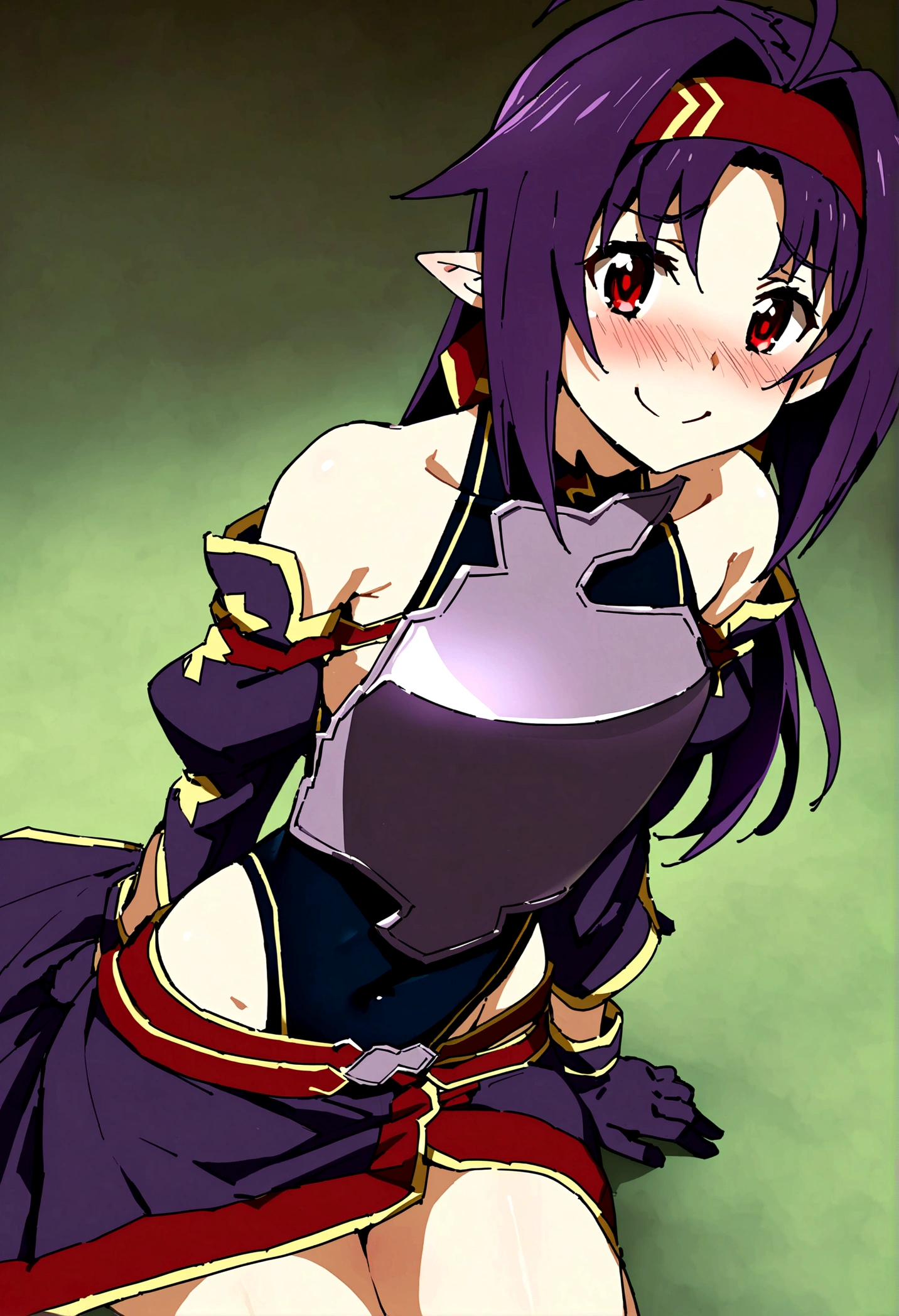 NSFW,masterpiece,Highest quality,High resolution,Super detailed,yuukibase, Purple Hair, Long Hair, Ahoge, Red eyes, Pointed Ears, hair band, armor, breastplate, Removable sleeves, leotard, Purple Skirt, Bare shoulders, gloves,Embarrassed,Watery eye,smile,blush