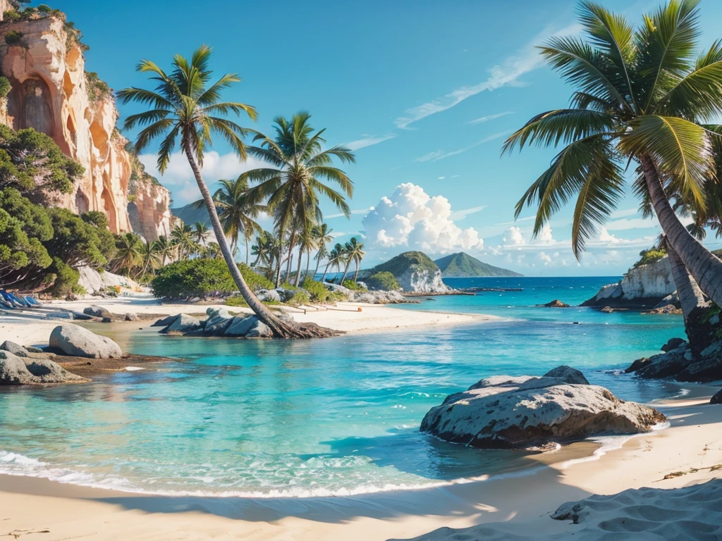 A beautiful tropical beach with swaying palm trees, crystal clear turquoise waters, soft white sand, a vibrant sunset sky with warm hues, picturesque coastal landscape, (best quality,4k,8k,highres,masterpiece:1.2),ultra-detailed,(realistic,photorealistic,photo-realistic:1.37),intricate details, stunning natural scenery, breathtaking vista, dynamic composition, lush foliage, serene atmosphere, idyllic paradise, vibrant colors, natural lighting, picturesque seascape