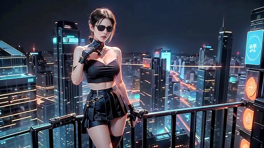 at night, futuristic sci-fi cyberpunk city, broad viaduct, skyscrapers at the end of the viaduct, the movie "13th Floor" style, hq. Matrix style, at night, (1girl, solo), photo realistic, (large-breast:1.3 slim body, cleavage:1.3), (((tube top, extreamly short pleated (((miniskirt))) exposing panty))), (((((matrix style black sunglasses))))), (((((aiming at camera with a (pistol)))))), (((half-body (thigh level) medium shot))), (cinematic lighting).