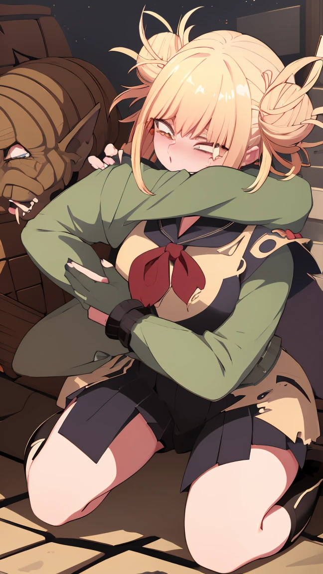 1 female,(Being surrounded by multiple goblins during a battle、Attacks on women),Goblin in heat,monster,(Are crying),((Torn clothes)),(Get on all fours),Dynamic pose,Dynamic Angle、Creampie、rape、、Hand and foot restraints、、good、Penis entering the vagina、Goblin hugs woman from behind、、Shabby、Ejaculate a large amount of sperm