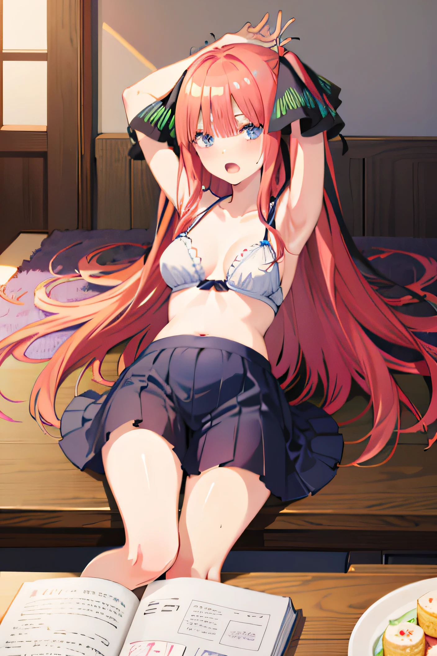 Highest quality、masterpiece、Anime Coloring、1 girl、独奏、Long Hair、chest、Staring at the audience、blush、Open your mouth、bangs、、ribbon、belly button、Hair between the eyes、clavicle、Hair ribbon、、Breast milk、Lying、indoor、Lying on your back、Underarm、water、stomach、Raise your arms、wet、Put your hands on your chest、Dirty room