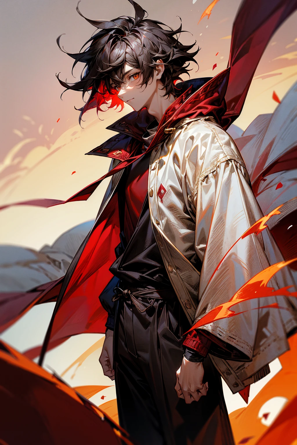 1male , Messy Hair , Low Cut , Black Hair , Sanguine Eyes , Adult Male , Fire Background , Fire Aura , Perfect Generation , Masterpiece Quality , White and Burgundy Baggy Varsity Jacket , White and Red Cap , White Cape Over Cloak , Cowl , Layered Clothing , Standing On a Mountain Top , Cave Background , Standing Infront Of Cave