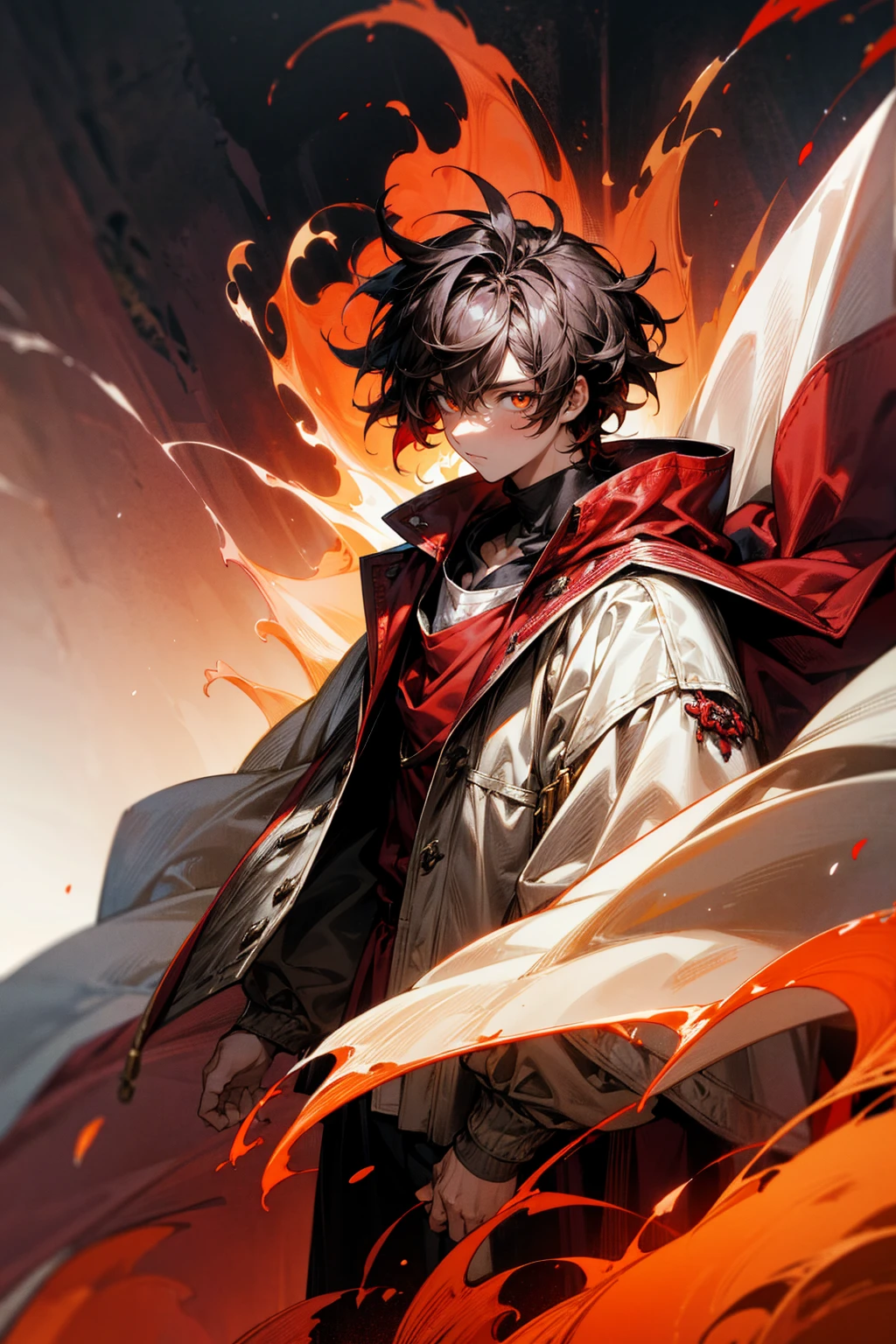 1male , Messy Hair , Low Cut , Black Hair , Sanguine Eyes , Adult Male , Fire Background , Fire Aura , Perfect Generation , Masterpiece Quality , White and Burgundy Baggy Varsity Jacket , White and Red Cap , White Cape Over Cloak , Cowl , Layered Clothing , Standing On a Mountain Top , Cave Background , Standing Infront Of Cave