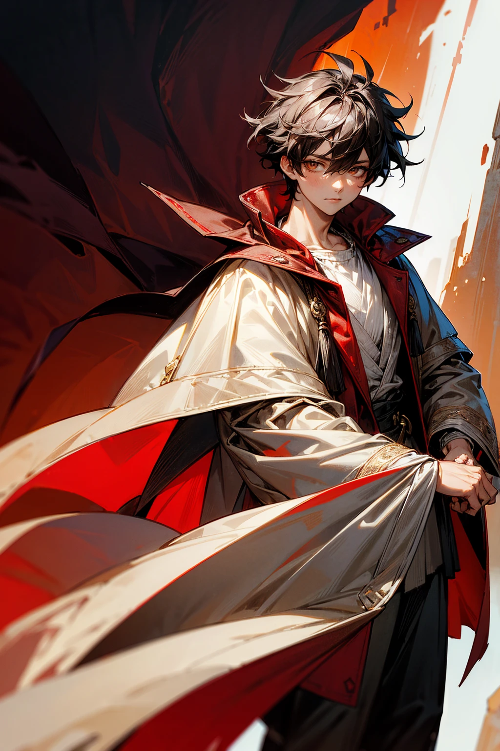 1male , Messy Hair , Low Cut , Black Hair , Sanguine Eyes , Adult Male , Fire Background , Fire Aura , Perfect Generation , Masterpiece Quality , White and Burgundy Baggy Varsity Jacket , White and Red Cap , White Cape Over Cloak , Cowl , Layered Clothing , Standing On a Mountain Top , Cave Background , Standing Infront Of Cave