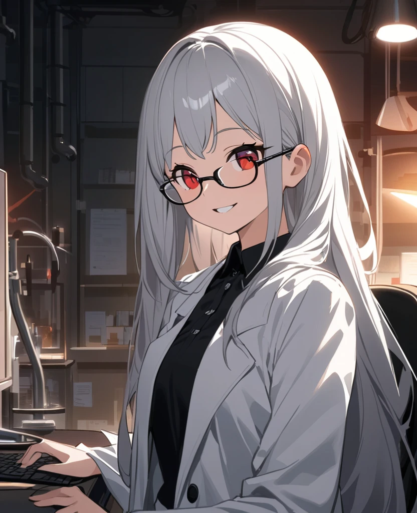 Anime painting:1.2,A , young girl with glasses and very long silver hair and red eyes wearing a white lab coat is smiling wickedly with her mouth open.:1.2,In a dimly lit laboratory,Composition from the upper body up,Cross-legged on office chair、Posing