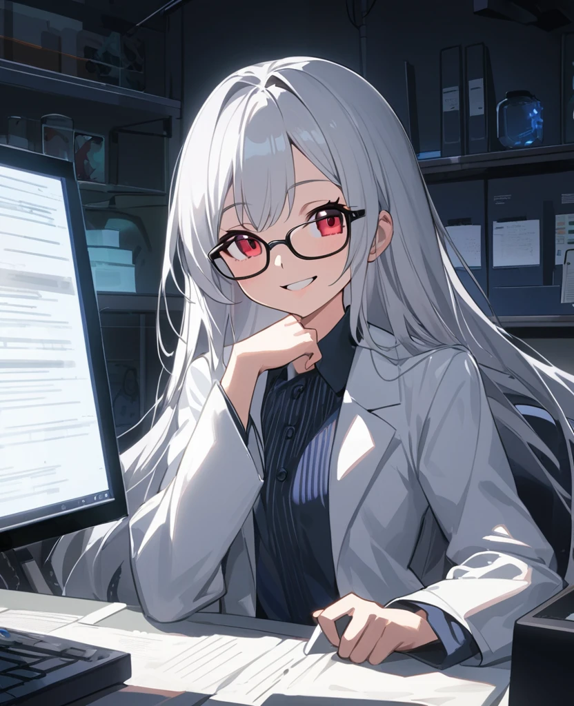 Anime painting:1.2,A small, young girl with glasses and very long silver hair and red eyes wearing a white lab coat is smiling wickedly with her mouth open.:1.2,In a dimly lit laboratory,Composition from the upper body up,Cross-legged on office chair、Posing