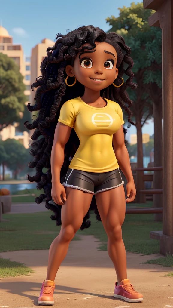 (Muscular young black girl Tinna Keys), huge strong biceps volume, enormous firm tits volume, strong tonned exposed abs, muscular strong legs, bodybuilder muscles bursting in strength, exposed abs skin, (wavy long hair), tight yellow tshirt and shorts, night park background, slight smile