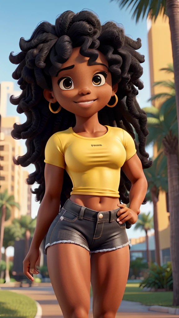 (Muscular young black girl Tinna Keys), huge strong biceps volume, enormous firm tits volume, strong tonned exposed abs, muscular strong legs, bodybuilder muscles bursting in strength, exposed abs skin, (wavy long hair), tight yellow tshirt and shorts, night park background, slight smile