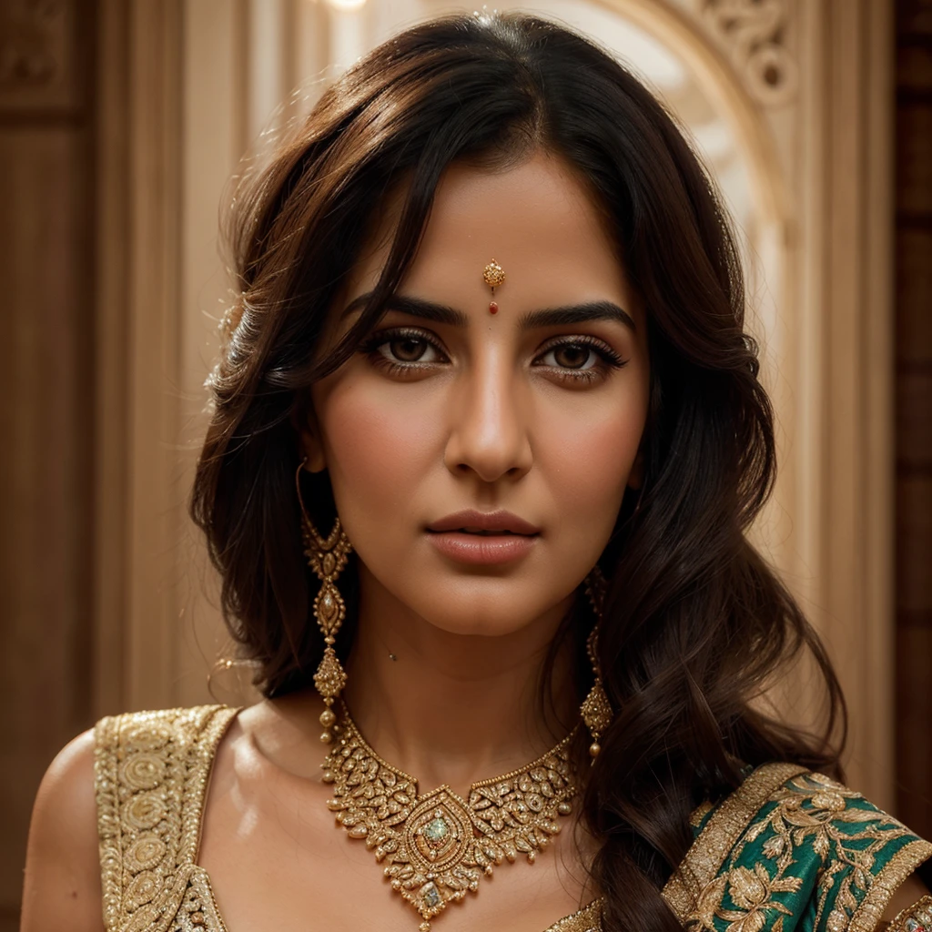 a detailed portrait of katrina kaif, beautiful detailed eyes, beautiful detailed lips, extremely detailed eyes and face, long eyelashes, beautiful woman, elegant, graceful, serene expression, intricate jewelry, ornate sari, detailed fabric textures, warm lighting, soft bokeh background, cinematic lighting, digital art, photorealistic, highly detailed, vibrant colors, 8k, best quality, masterpiece