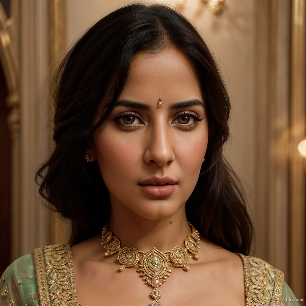 a detailed portrait of katrina kaif, beautiful detailed eyes, beautiful detailed lips, extremely detailed eyes and face, long eyelashes, beautiful woman, elegant, graceful, serene expression, intricate jewelry, ornate sari, detailed fabric textures, warm lighting, soft bokeh background, cinematic lighting, digital art, photorealistic, highly detailed, vibrant colors, 8k, best quality, masterpiece