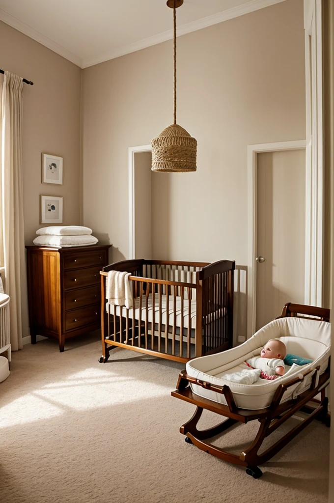 Aesthetic room , in the room there is a cradle with a baby