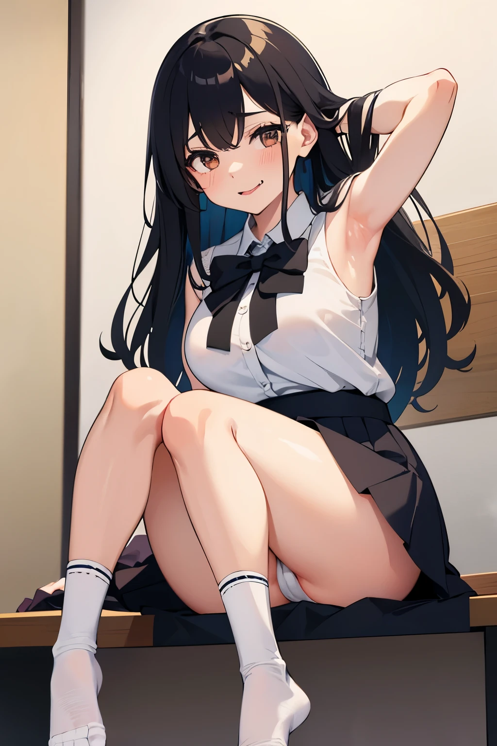 Girl with long black hair、Japanese Junior High School Student、cute、Sitting at a desk、Sweaty all over、Place your arms behind your head、Open your mouth、Dripping saliva、Drooping tongue、Brown eyes、Short-sleeved uniforms that reveal armpits、Sweating aside、Large Breasts、Short skirt、Dirty pussy、Pubic hair growing、Steamy、Show the soles of your feet、White socks、Steamyfeet、 Open their feet、 Smell pants