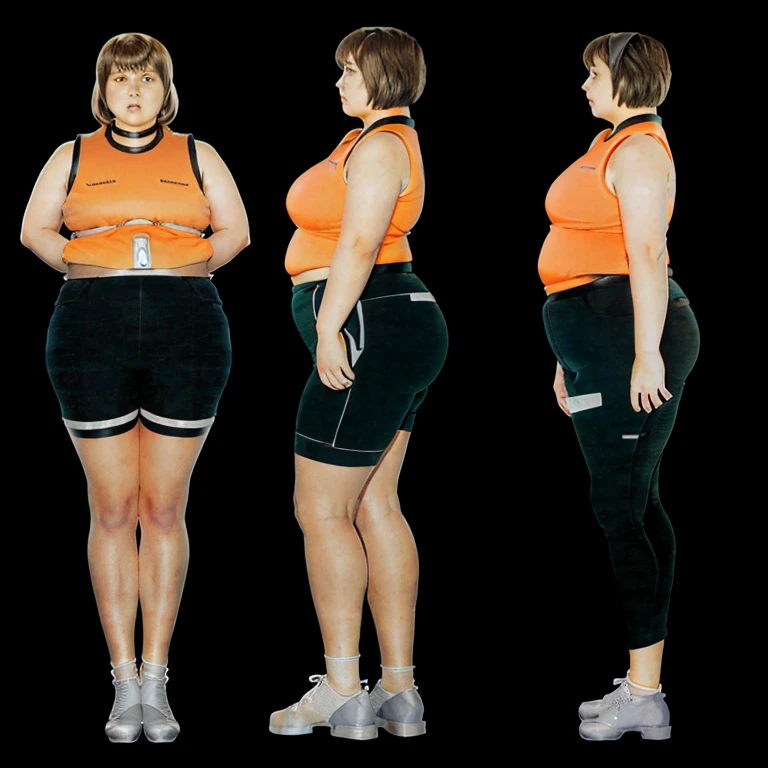 Araped woman wearing an orange shirt standing next to another woman wearing black shorts, Full body wide shot, full body photo, full body photo, Short and sturdy woman, The picture is large, fat ), full body photo, full body photo, full body image, overweight, full body shot, fat 여자, Overall - body and head view, an fat