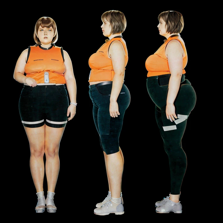 Araped woman wearing an orange shirt standing next to another woman wearing black shorts, Full body wide shot, full body photo, full body photo, Short and sturdy woman, The picture is large, fat ), full body photo, full body photo, full body image, overweight, full body shot, fat 여자, Overall - body and head view, an fat