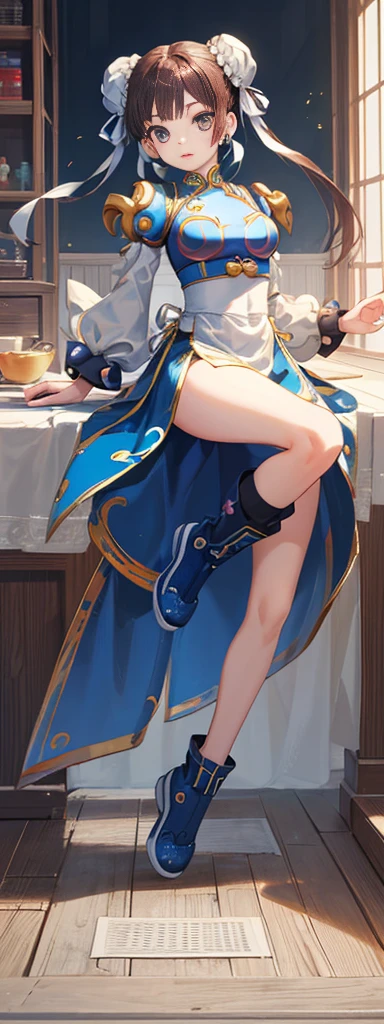 chun-li,((masterpiece)), ((best quality)), ((ultra detailed)), ((kawaii)), cute, (lovely), ((extremely detailed)), ((8K)), (beautiful),flat breast, tiny breast,full body