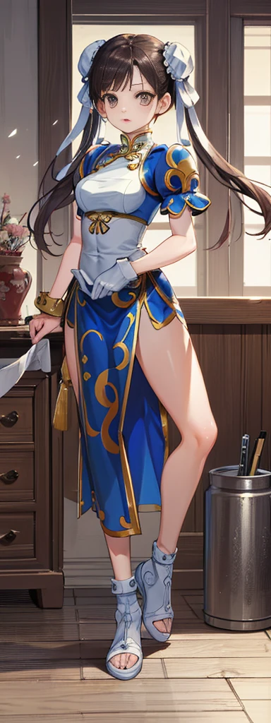 chun-li,((masterpiece)), ((best quality)), ((ultra detailed)), ((kawaii)), cute, (lovely), ((extremely detailed)), ((8K)), (beautiful),flat breast, tiny breast,full body