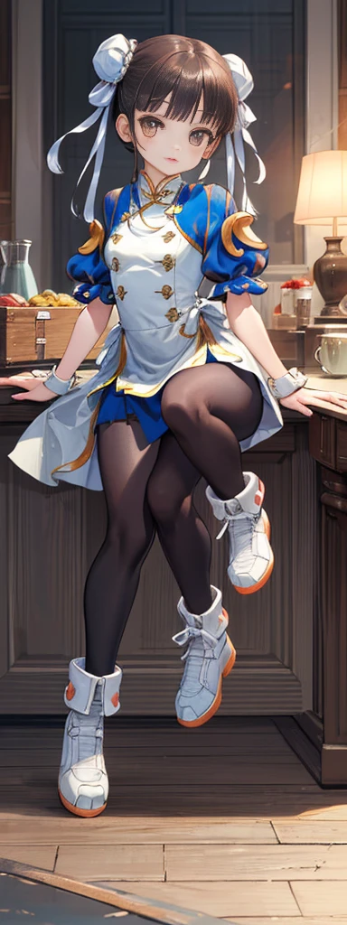 chun-li,((masterpiece)), ((best quality)), ((ultra detailed)), ((kawaii)), cute, (lovely), ((extremely detailed)), ((8K)), (beautiful),flat breast, tiny breast,full body