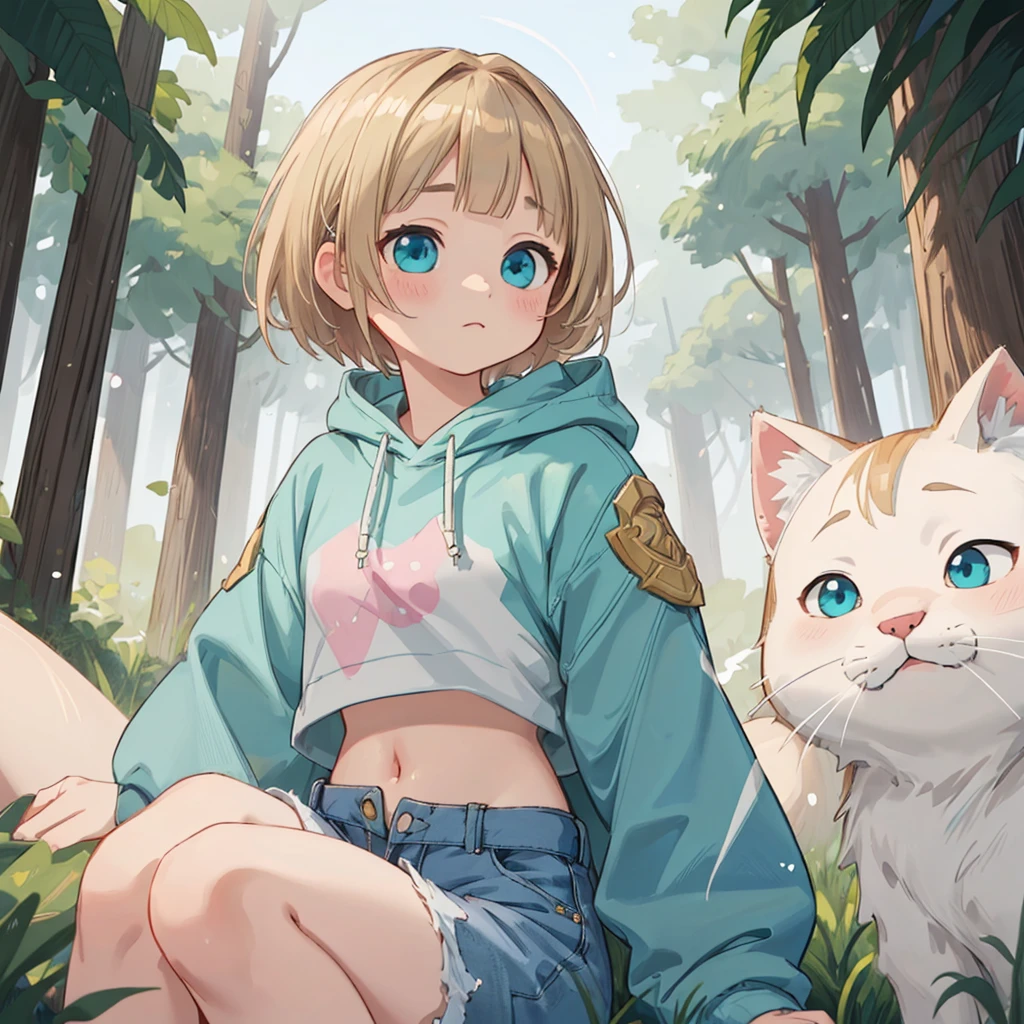 ファンタジーアート 8K, Plain pink hoodie、afternoon, Highest quality, Trending on Art Station,Wolf Woman,White hairy,blue eyes,Looking into the camera,Quadrupedal,Calm,quiet,Highest quality, masterpiece, Ultra-high resolution, Forest in the background, 8K, (Light and shadow effects), (Depth of Field Effect).Blonde Hair、Short Hair、Pink hoodie、Denim shorts、Cat-eared girl、Turquoise Eyes、Dynamic composition、Belly button