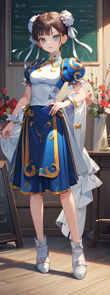 chun-li,((masterpiece)), ((best quality)), ((ultra detailed)), ((kawaii)), cute, (lovely), ((extremely detailed)), ((8K)), (beautiful),flat breast, tiny breast,full body