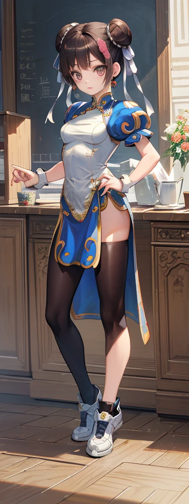 chun-li,((masterpiece)), ((best quality)), ((ultra detailed)), ((kawaii)), cute, (lovely), ((extremely detailed)), ((8K)), (beautiful),flat breast, tiny breast,full body