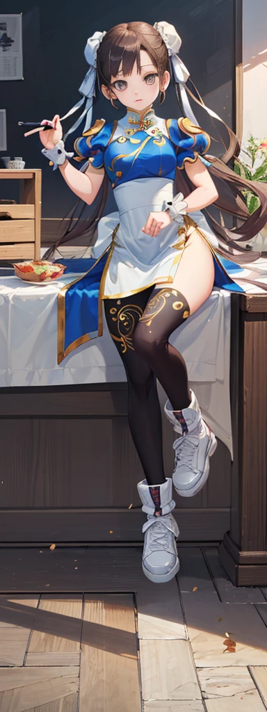 chun-li,((masterpiece)), ((best quality)), ((ultra detailed)), ((kawaii)), cute, (lovely), ((extremely detailed)), ((8K)), (beautiful),flat breast, tiny breast,full body