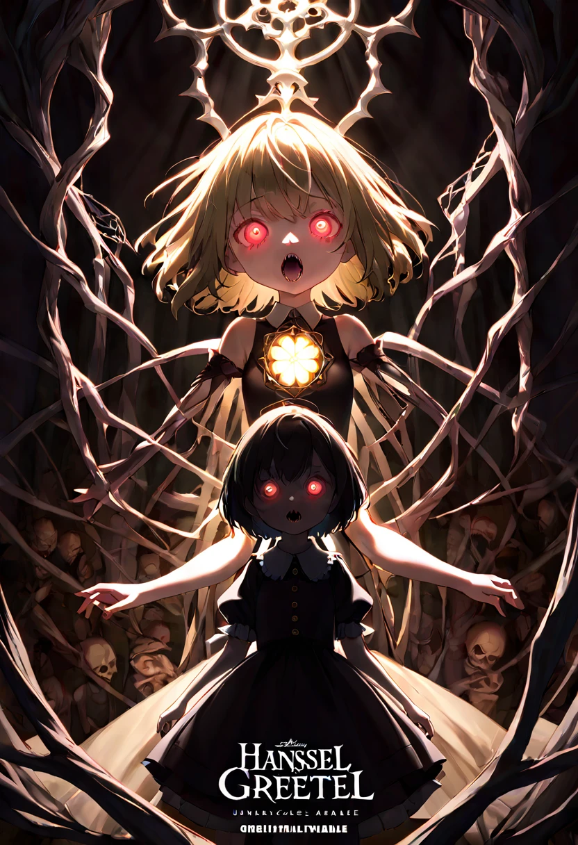 cover page, highres, paid reward available, unparalleled masterpiece, terrifying tale, Hansel and Gretel perfect anatomy, good lighting, volumetric lighting, cinematic shadow,